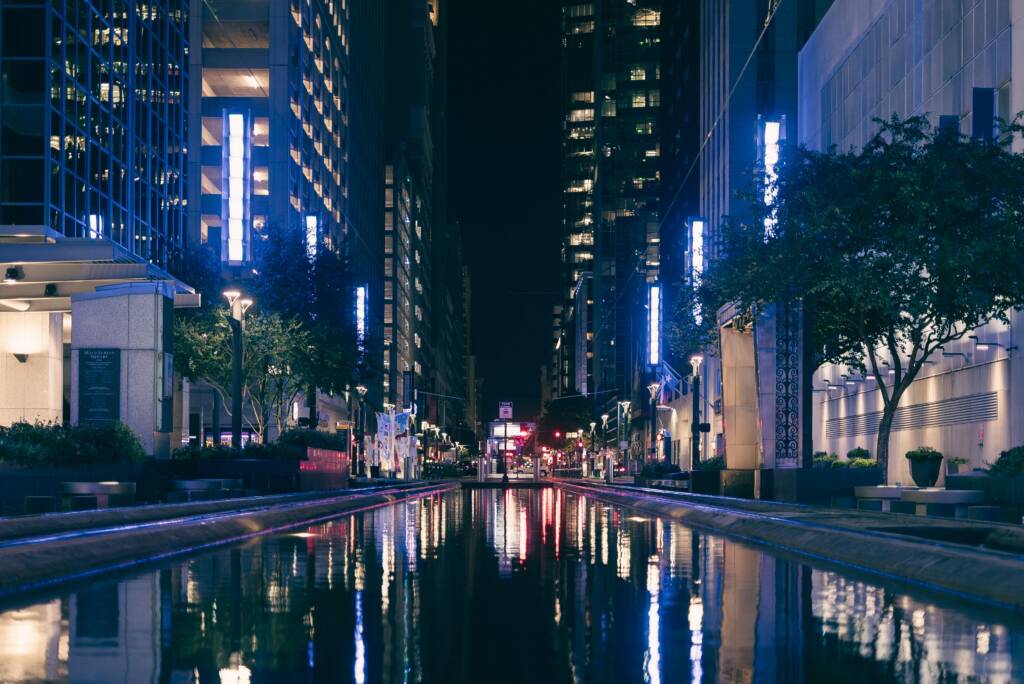 City financial district at night